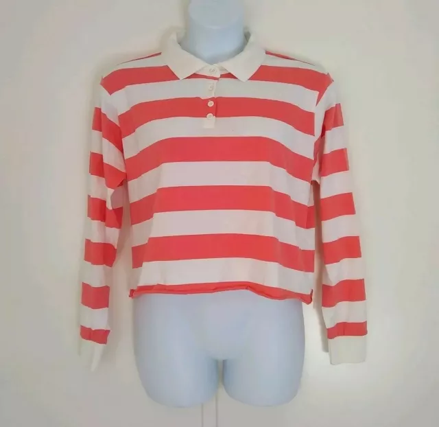 Wild Fable™ Women's Striped Coral Fresh Melon Rugby Crop Top Polo Shirt Size S