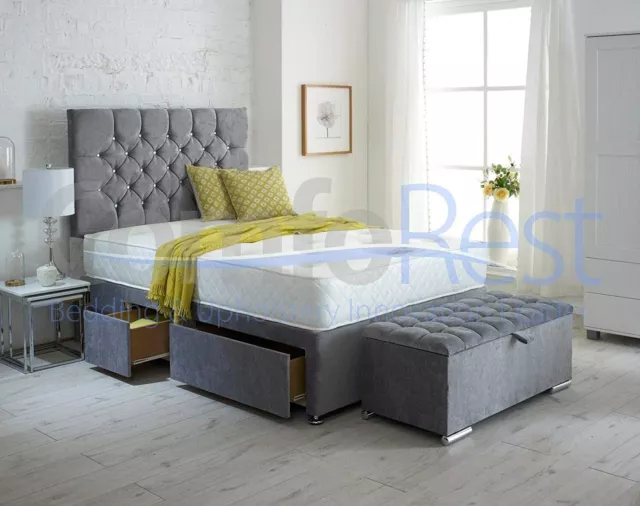 Grey Naple Conti Velvet Divan Bed, Memory Sprung Mattress  + 24" Ibex Headboard