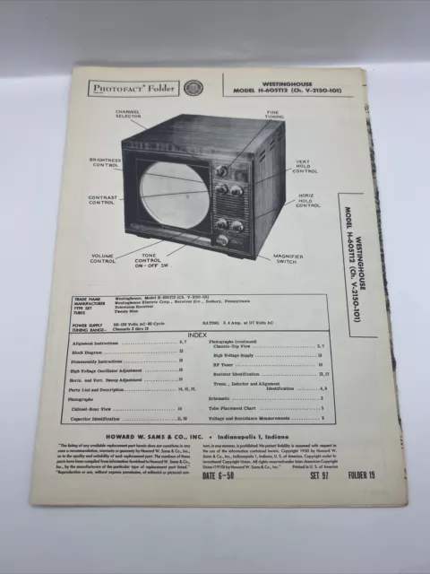 Vintage 1950 SAMS PHOTOFACT Manual Schematic Westinghouse H-605T12 Television