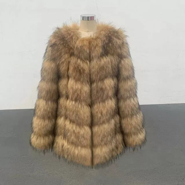 Womens Luxury Faux Fur Round Neck Jacket Winter Warm Mid Length Outwear Coat