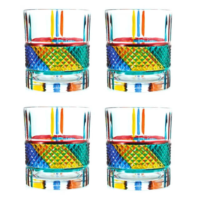 Conjunto De 4 Cuatro Murano Vidrio Bebible Artesano Cristal Vaso Multicolor 9cm