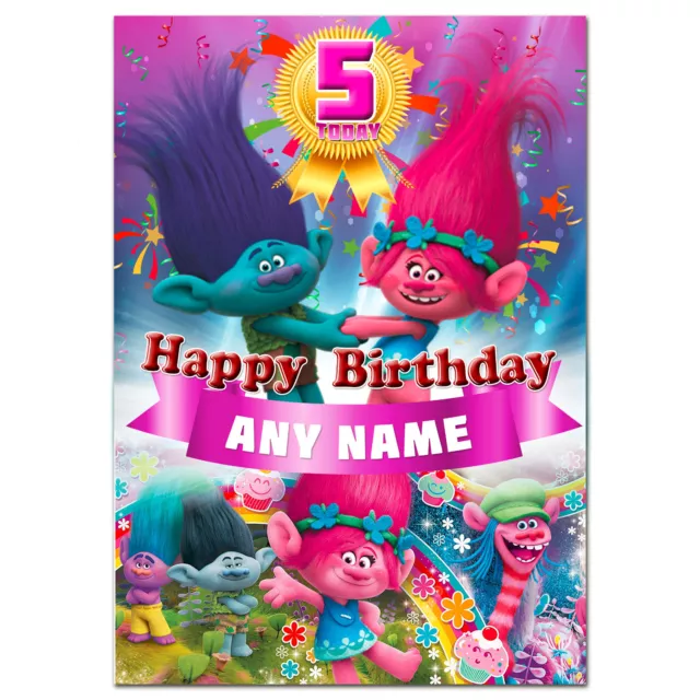 g396; Large A5 Personalised Birthday card for any name age; PINK or BLUE; TROLLS