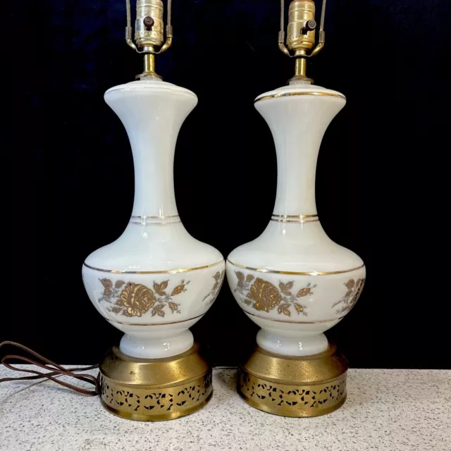 Pair 2 Large Vintage MCM White Gold Glass Brass Urn Lamps Nightlights 30”