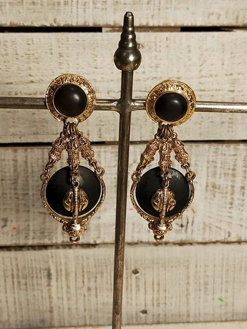 Boucles D'Oreilles Clips Vintage Chorange - Gros Modèle Doré Et Noir - Occasion