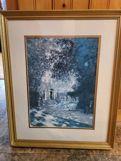 Vtg. Framed Monochromatic Oil Painting Print Of Early 20th Century Scene 19"x23"
