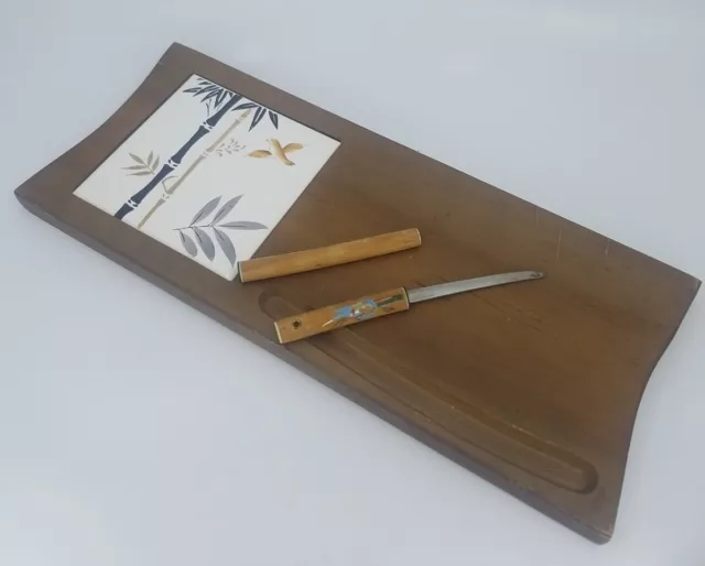 Vintage MCM Midcentury Modern Asian Wood Tile Cheese Charcuterie Board w/ Knife