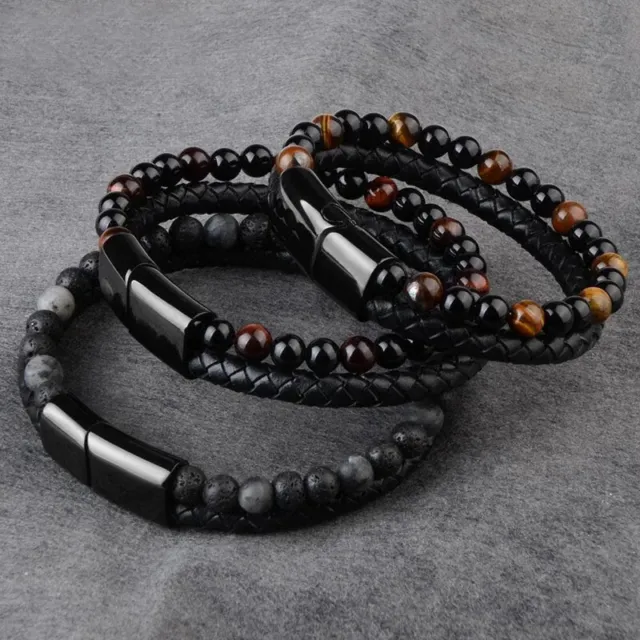 Natural Agate Stone Leather Beaded Bracelet Leather Beaded Bracelets