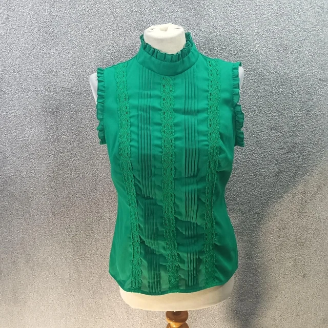 Emerald Green Short Sleeve Blouse Frill Embroidery Turtleneck Pleat Y2K Uk M