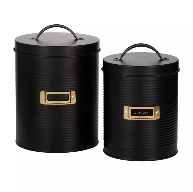 Set Of 2 Otto Black Canisters Storage Round Steel Container Kitchen Organiser