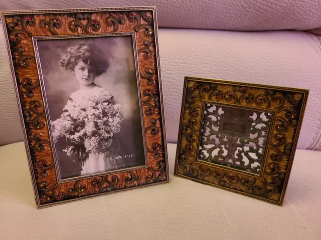 Lovely Two Crystal Jeweled  Enameled Brass Picture Frames by TIZO Made in Italy.