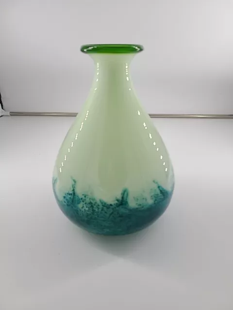 Hand Blown Art Glass Vase Blue Green 9.5 Inch Tall 7 Inch Base