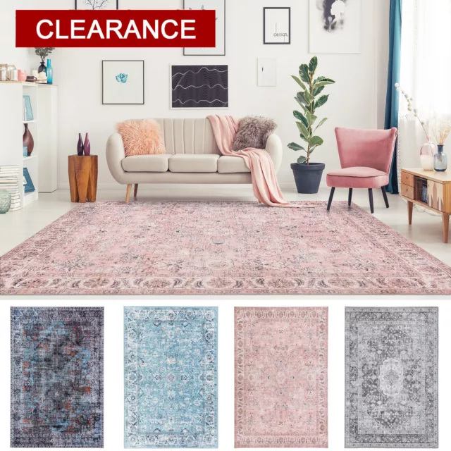 Deal Extra Large Rug Pink Blue Grey Runner Distressed Retro Washable Carpet