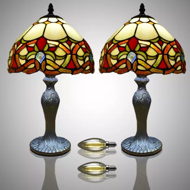 Pair of Tiffany style Table Lamps 10 Inch Shade Stained Glass Multicolour Art UK