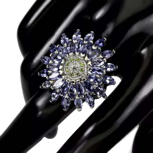 Unheated Marquise Iolite 6x3mm Chrome Diopside 925 Sterling Silver Ring Size 9