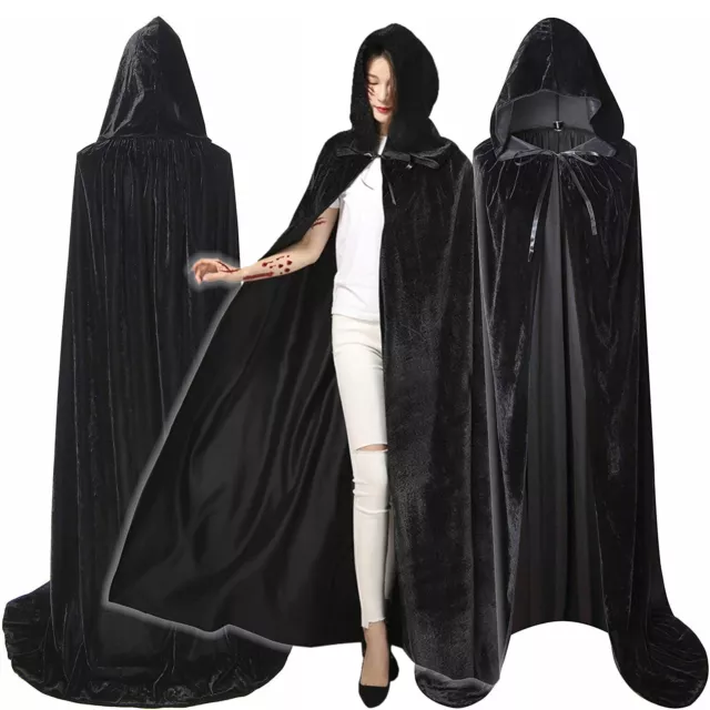 Adult Kids Velvet Long Hooded Cloak Robe Witch Capes Fancy Halloween Costume