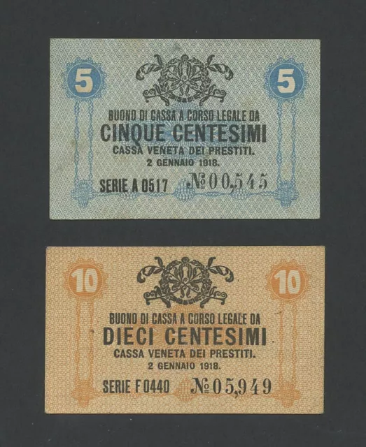 ITALY Venice 5 & 10 centesimi 1918 Krause M1,M2  Banknotes