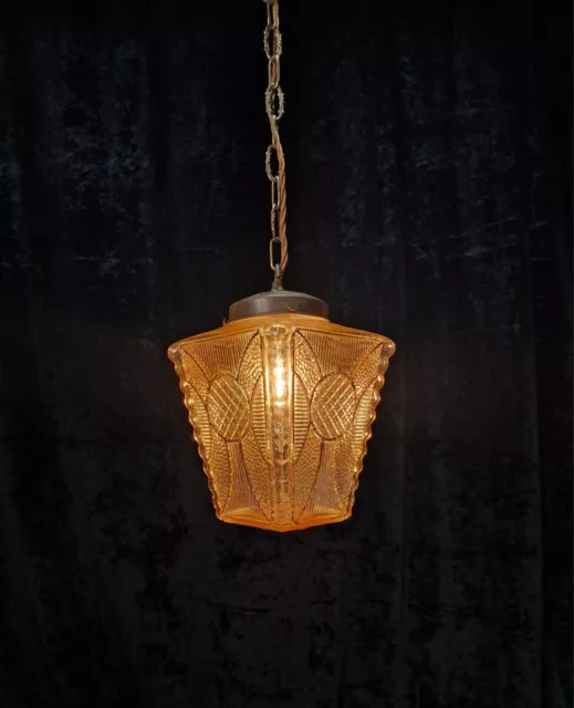 Decorative Large Vintage French Art Deco Amber Glass Shade Pendant Lantern Light 2