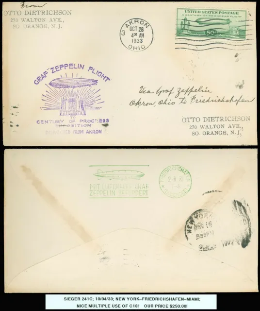 10/28/33, SIEGER 243D GRAF ZEPPELIN, CENTURY of PROGRESS, AKRON to GERMANY, #C18