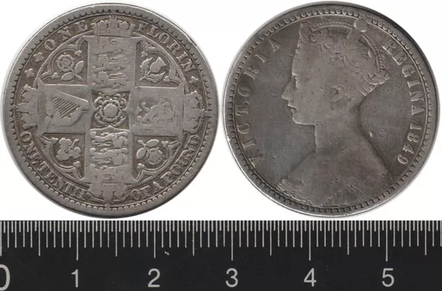 Great Britain: 1849 Godless One Florin QV silver Two Shillings 2/-. 1 Year type.