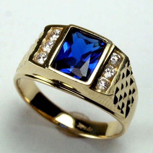3.11 Ct Natural Blue Sapphire & Diamond Men's Wedding Ring Solid 14K Yellow Gold