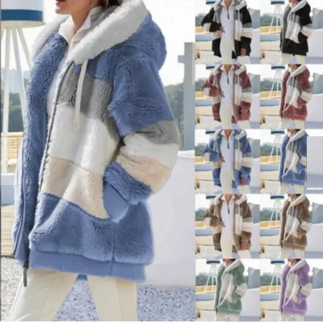 Donna Caldo Orsacchiotto Soffice Cappotto Pile Giacca con Zip Taglia Gran ^