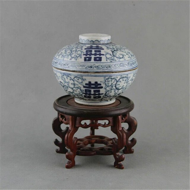 Chinese Qing Blue and White Porcelain Double Happiness 囍 Bowl with Lid 4.92 inch