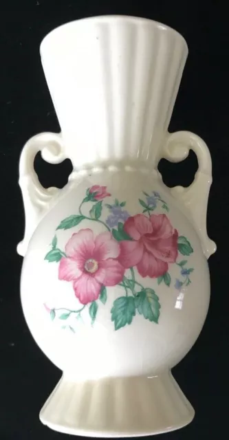 Vintage Royal Copley Flower Vase Handled Urn Pink Florals