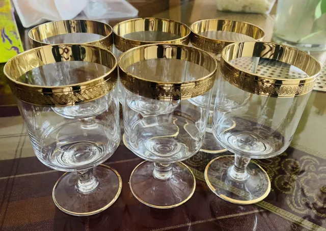 Set 6 Vintage Gold Encrusted Trim Crystal Stem Port Sherry Glasses - Czech 80s