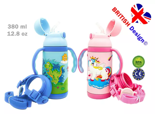 Kids Children Toddler School Water Bottle Insulated Name Tag Handle Strap
