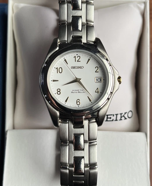 Nos Brand New Seiko Kinetic Auto Relay 5J22-0B69 White Face Stainless Box Papers