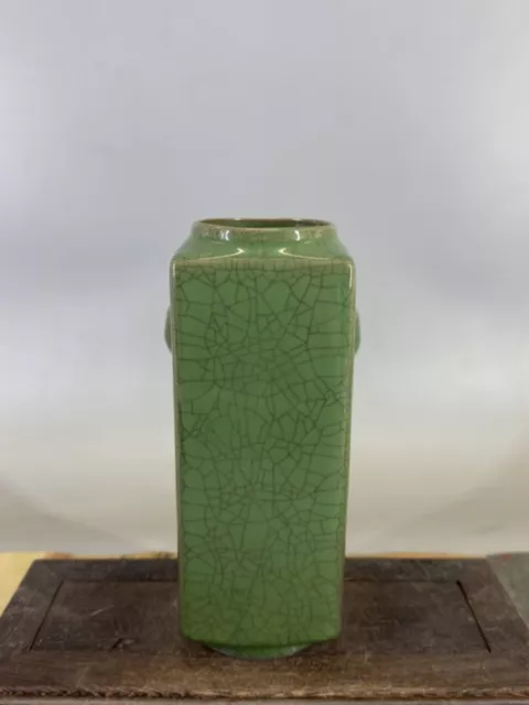 Chinese Porcelain Song Dynasty Guan Kiln Green Glaze Double Eared Vase 8.07 Inch