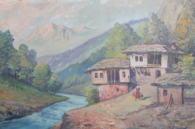 Beautiful antique signed oil painting old houses by the river mountain landscape