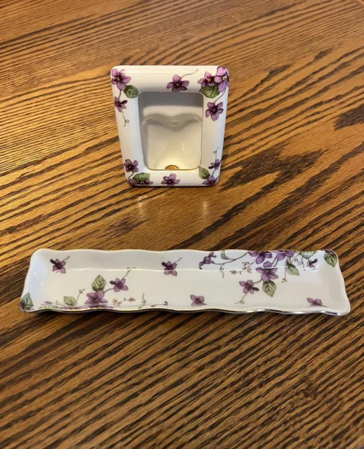 Lefton China Hand Painted Violets Gold Edge Vanity Dish & Picture Frame Vintage