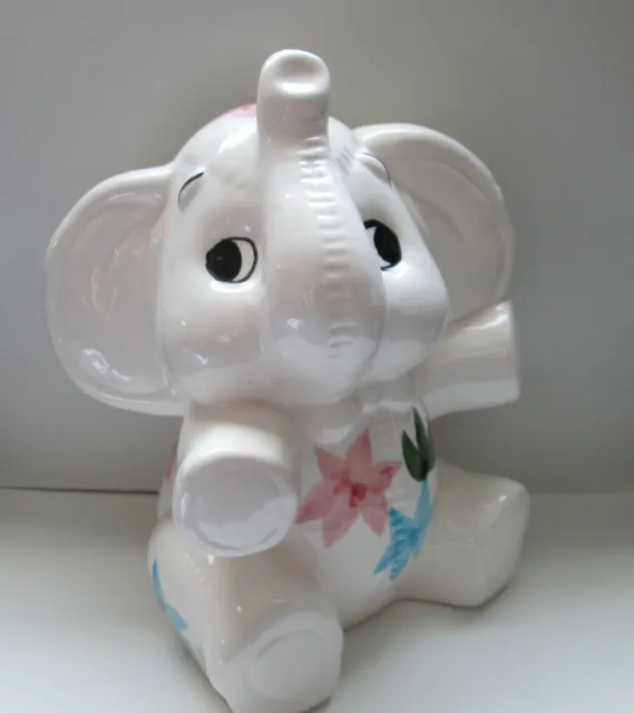Ceramic White Elephant Sitting Coin Money Bank Saving with Trunk Up 8"Tall
