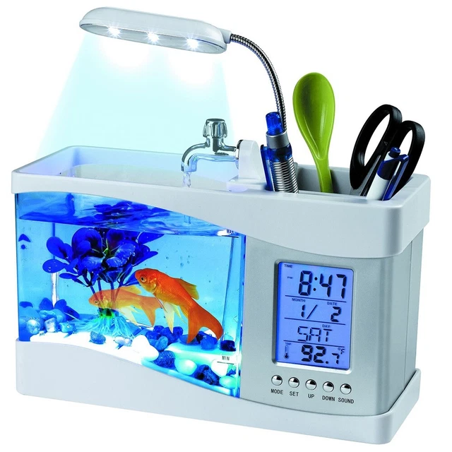Fish Tank mini Aquarium self clean LED Light LCD Display Clock Home Decoration