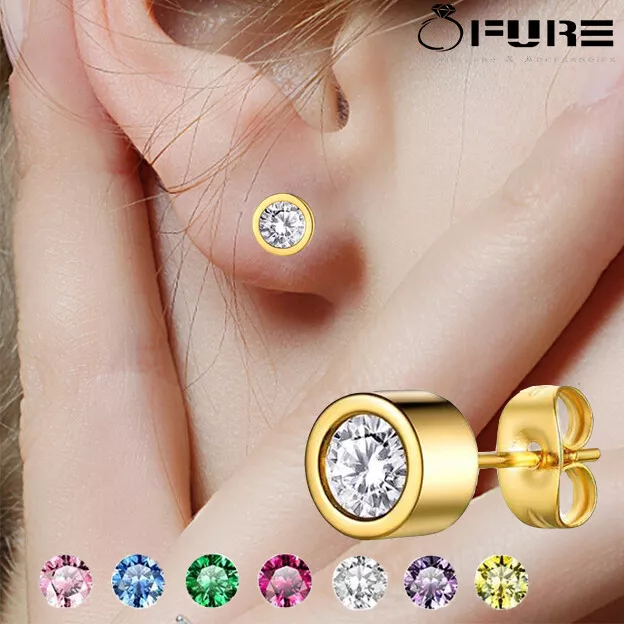 Replacable Earrings Surgical Steel Birthstones Stud Earrings 18k Gold Plated