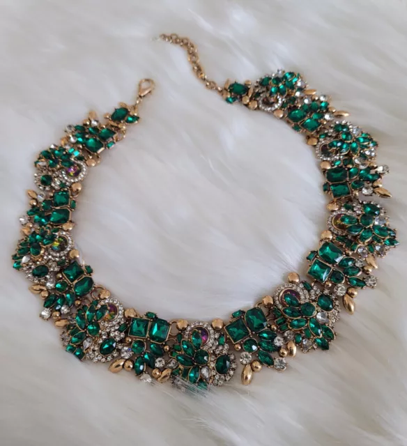 Emerald Green Crystal Statement Necklace Set Antique Gold | Bridgeton