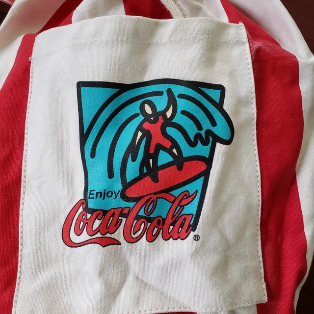 Coca Cola Canvas Tie-Down Beach Tote Bag with Front Pocket  14.5x10