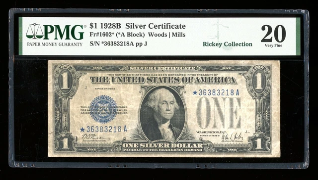 DBR 1928-B $1 Silver Funnyback STAR Fr. 1602* PMG VF-20 Serial *36383218A