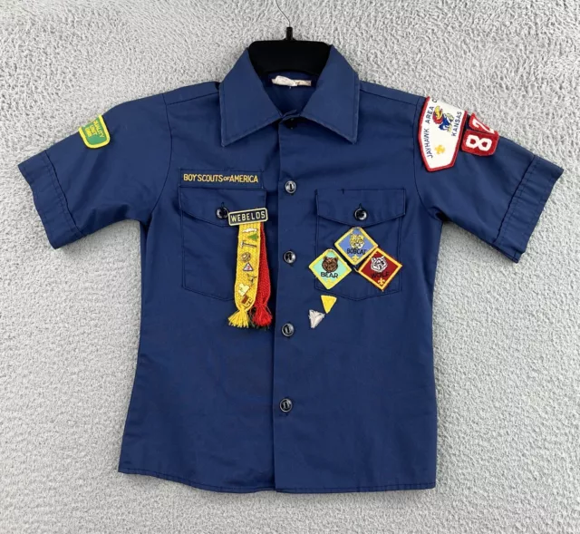 Vintage BSA Cub Scouts Shirt YOUTH Boys 8 Blue Shirt Sleeve W/ Pins Patches 80s