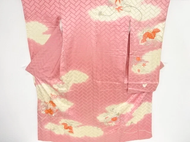 40478# Japanese Kimono / Antique Furisode / Embroidery / Flower Roundel