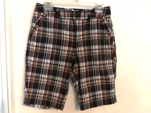 St Johns Bay Womens Shorts 8 Khaki Chino Stretch Plaid Blue White Brown Pockets