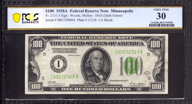 1928 A $100 Federal Reserve Note Minneapolis Dark Green Seal Fr.2151-I Pcgs 30