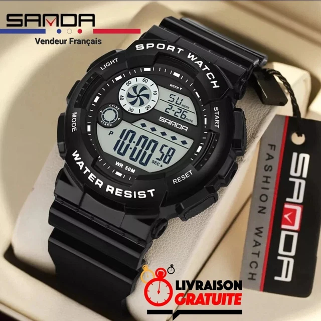 Montre Numérique Sport Militaire étanche - Cadran 41x43 Mm, Bracelet Silicone 18 Mm, Alarme, Date, Rétroéclairage LED