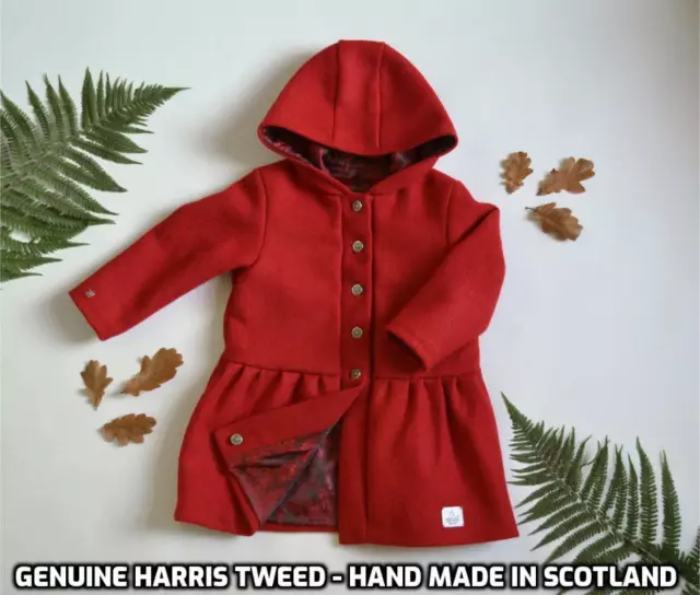 Harris Tweed red kids Children's hooded Handmade Coat Girl Age 3 winter quality