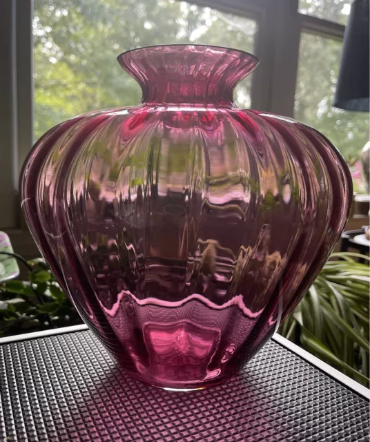 Vintage Large Pilgrim Glass Optic Cranberry Pink 8-1/2” Flower Vase