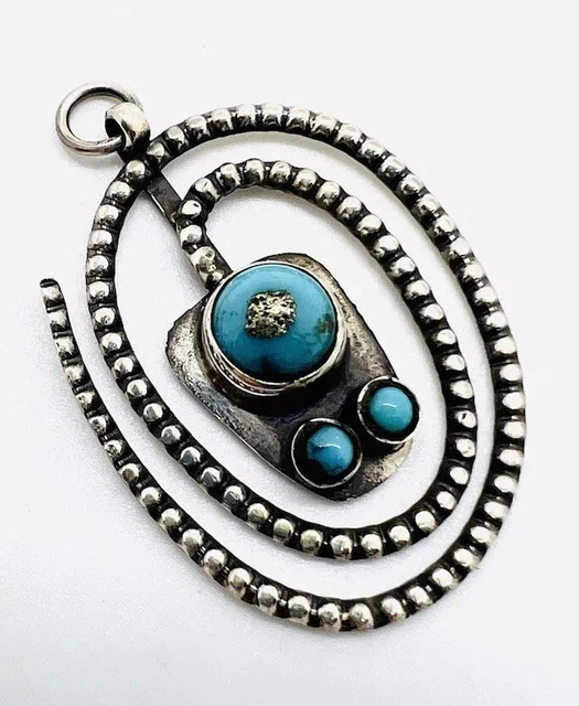 Sterling Silver Morenci Turquoise Matrix Pendant Maze Design Vintage Jewelry