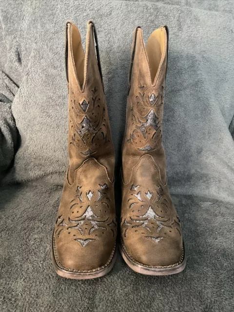 ROPER KENNEDY GLITTER Tooled Inlay Square Toe Cowboy Womens Brown ...