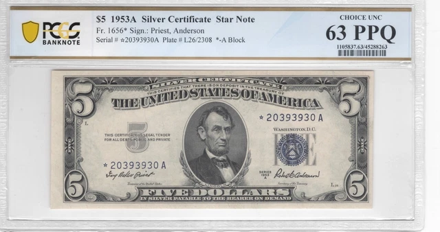 1953A $5 Five Dollar Silver Certificate Blue Seal STAR NOTE Fr.1656 PCGS 63 PPQ
