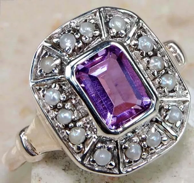 1CT Natural Amethyst & Pearl 925 Sterling Silver Edwardian Style Ring Sz 8 FB2-1